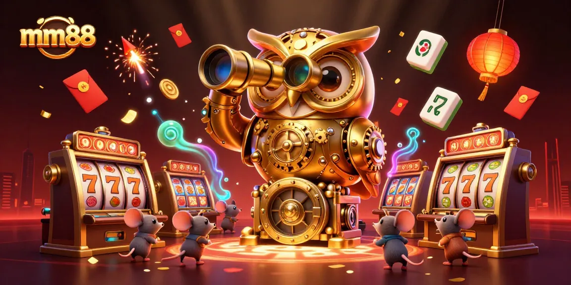 Experience thrilling slot action at mm88 with a vibrant casino scene featuring a golden owl and lucky symbols.