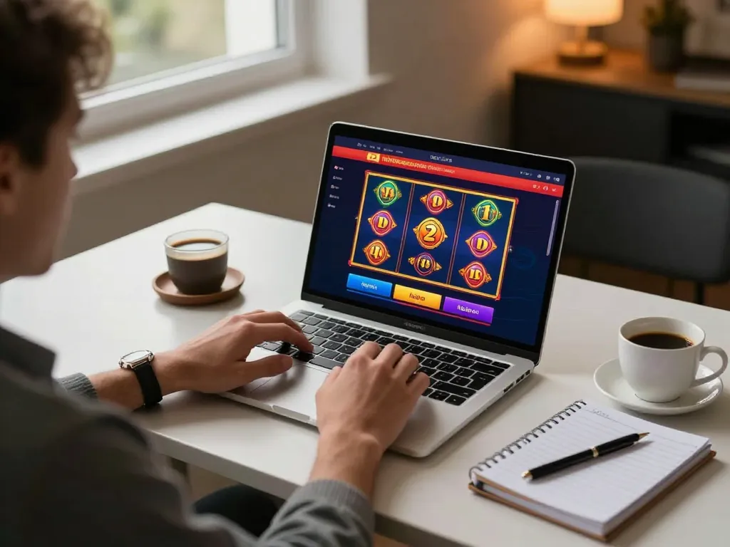 Player engaging with fly88 online slots at home, showcasing excitement and strategy