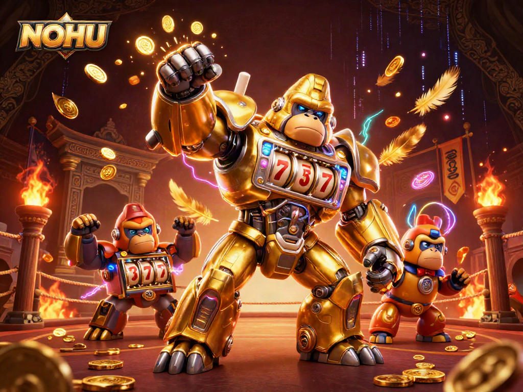 Engage with NOHU's vibrant 3D dynamic casino scene showcasing a golden gorilla mech.