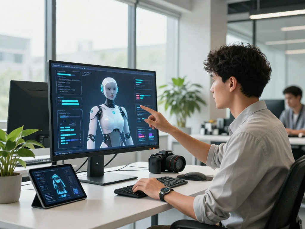 Innovative tech work scene illustrating a sex bot AI interaction with futuristic interface and collaborative workspace.