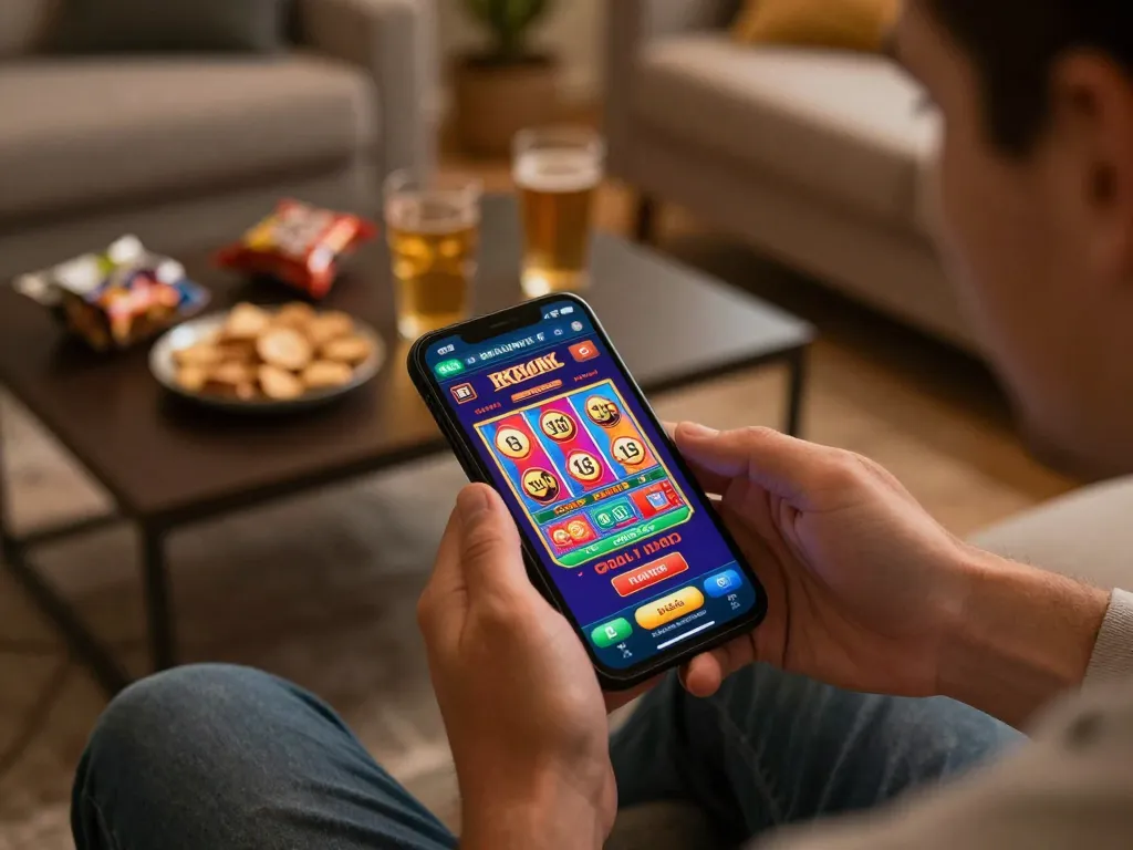Player enjoying xx88 casino app on smartphone in cozy home environment while engaging in vibrant online gaming