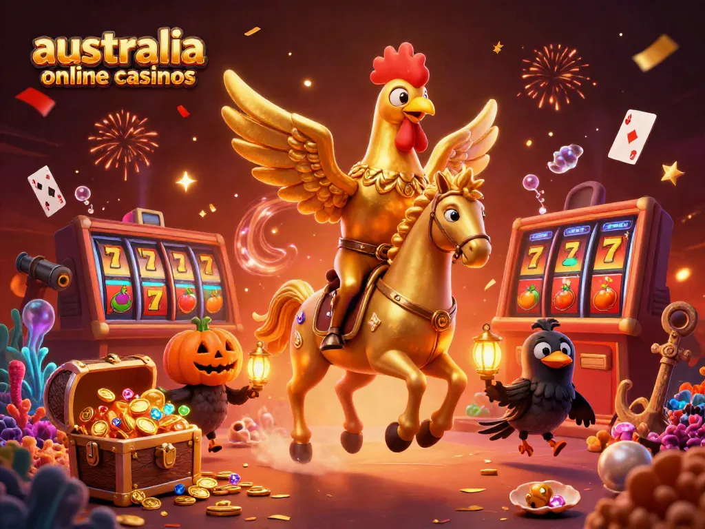 Engage with the vibrant world of australia online casinos through a magical illustrated scene featuring a golden rooster riding a spectral horse.