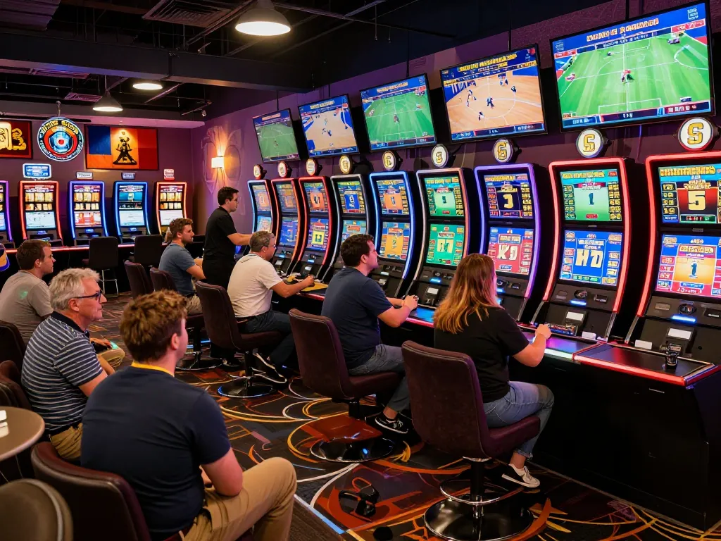 Dynamic sports betting at 888NEW with enthusiastic bettors and bright screens.