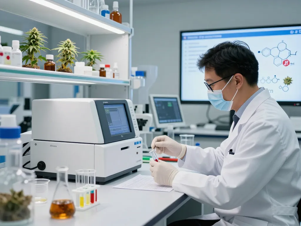 Cannabinoid manufacturer Europe analyzing extracts in a modern laboratory with advanced equipment and hemp formulas.