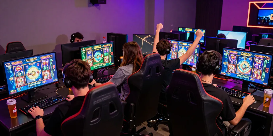 Friends enjoying Garuda303 slot games in a vibrant gaming lounge environment.