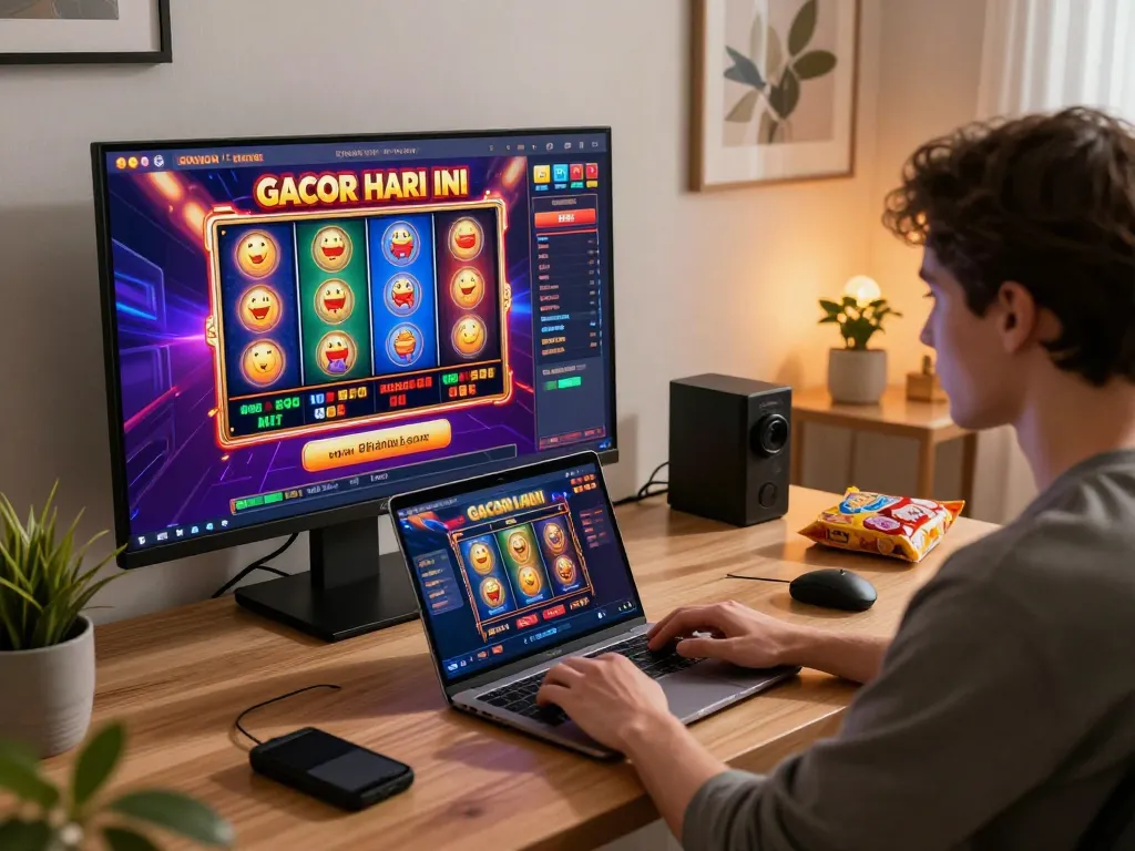 Engaging player spins the reels on slot gacor hari ini in a cozy home setting, showcasing dynamic online gaming.