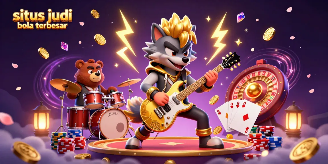 Situs judi bola terbesar thrills with a rock star wolf, drummer bear, and dynamic casino elements in a vibrant 3D scene.