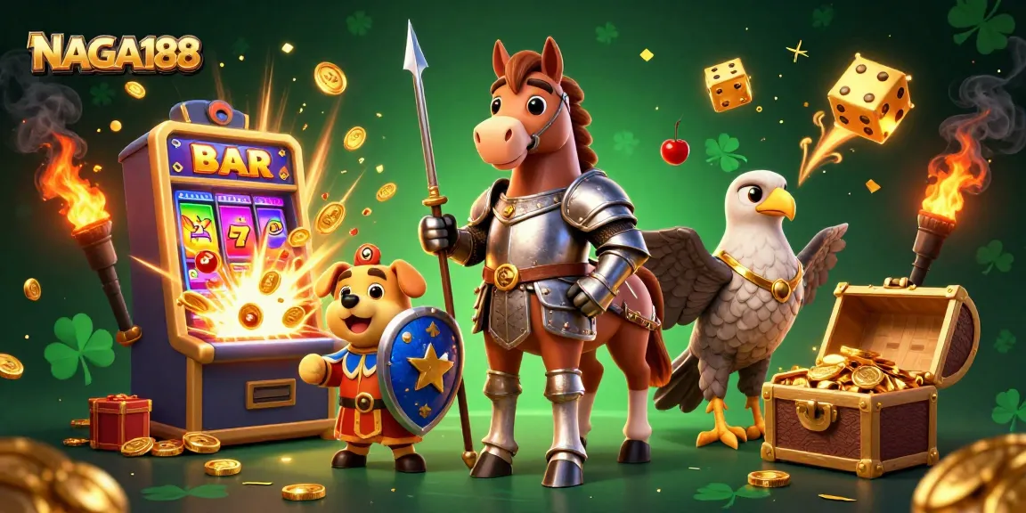 NAGA188 menghadirkan slot mesin jackpot meledak dengan simbol keberuntungan dalam ilustrasi kasino yang dinamis.