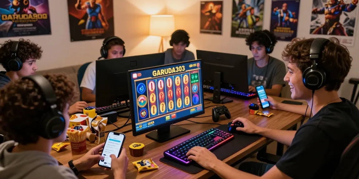 Engaged players exploring GARUDA303 slot games in a vibrant, cozy gaming environment, highlighting the excitement of online gaming.