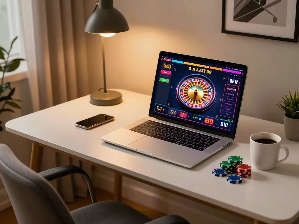 Engaging in online games with link fly88 on a sleek laptop, featuring a dynamic roulette interface and poker chips.