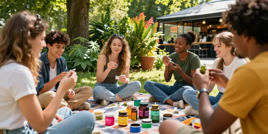 Social gathering showcasing cannabis culture in Karlsruhe park.