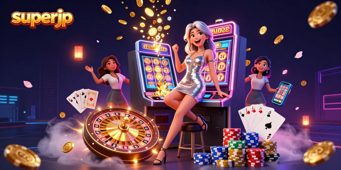 Win big with superjp at the casino, featuring a celebratory scene with jackpots and glowing casino elements.