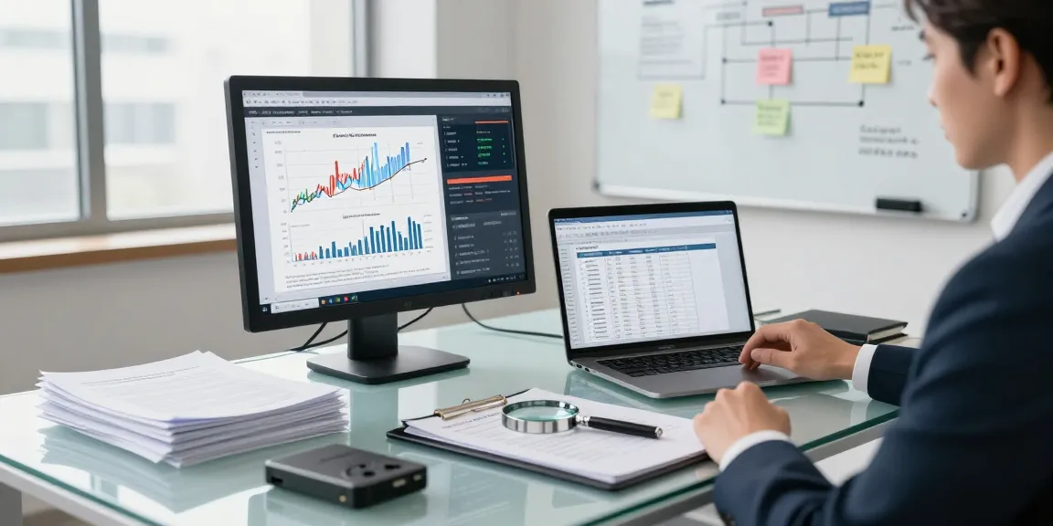 Investigator analyzing data related to asset tracing in a modern office.