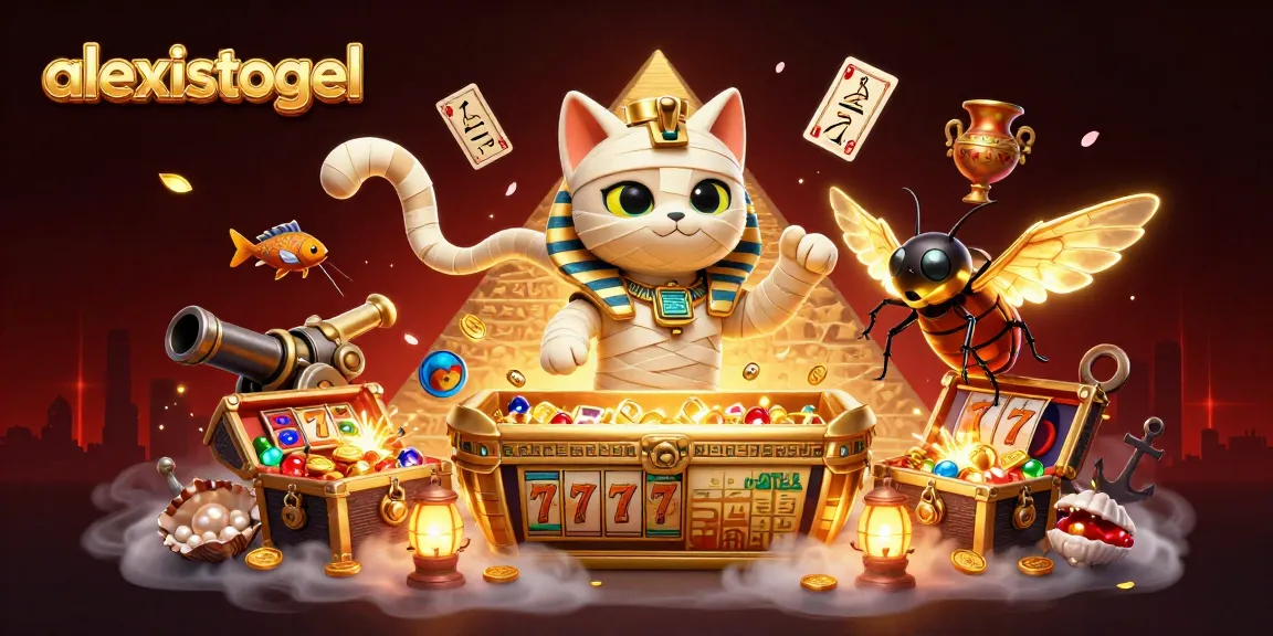 Gambarkan keseruan bermain slot di alexistogel dengan ilustrasi menarik kucing mumi dan kartu hieroglif.