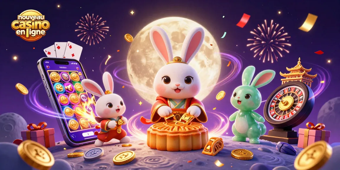 Nouveau casino en ligne avec un lapin de lune jouant aux jeux de casino et gagnant des jetons.