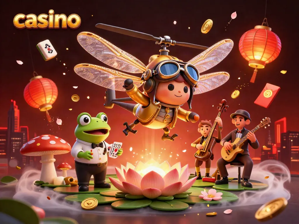 Experience the vibrant atmosphere of a lively casino scene led by a dragonfly pilot with a frog croupier, celebrating with jazz musicians.