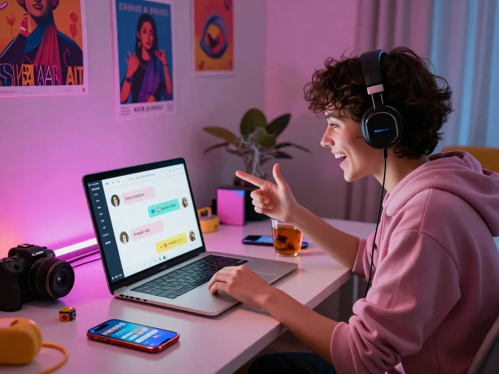 Engaging nsfw ai chat scene with a user interacting with a virtual companion in a cozy room