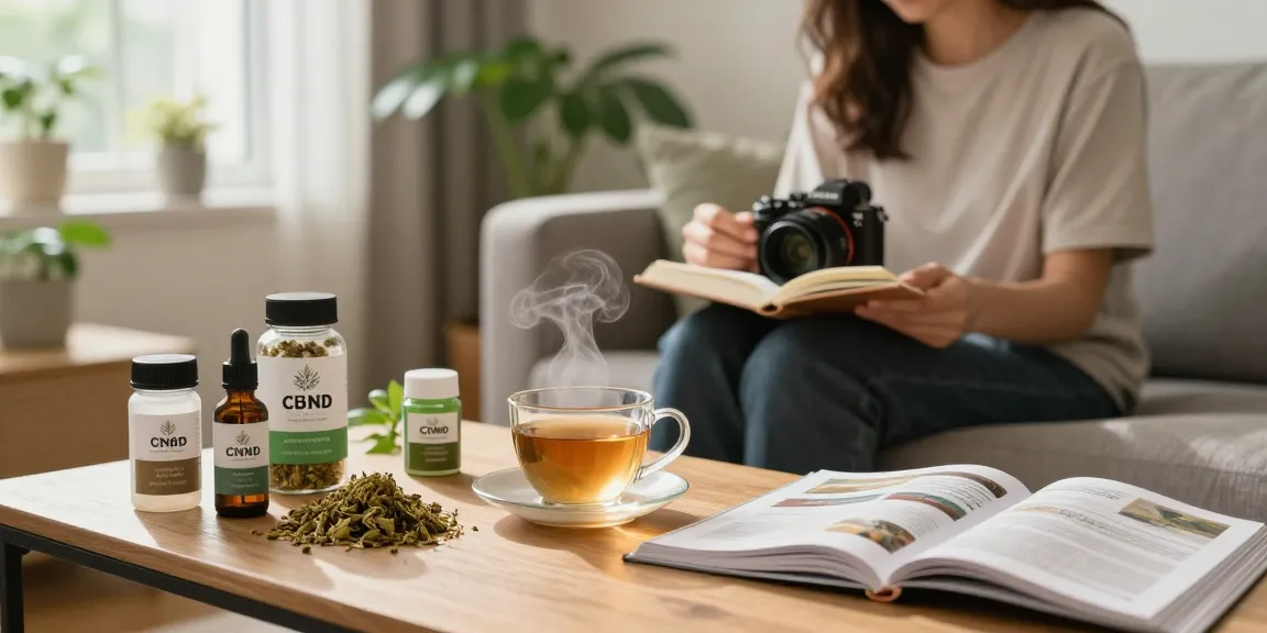 CBD Blüten Nebenwirkungen: Person entspannt in gemütlichem Raum mit CBD-Produkten und Tee.
