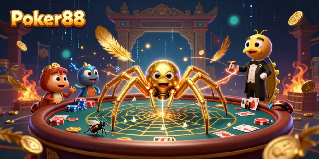 Engaging Poker88 scene with a spider dealer and characters around a golden roulette web