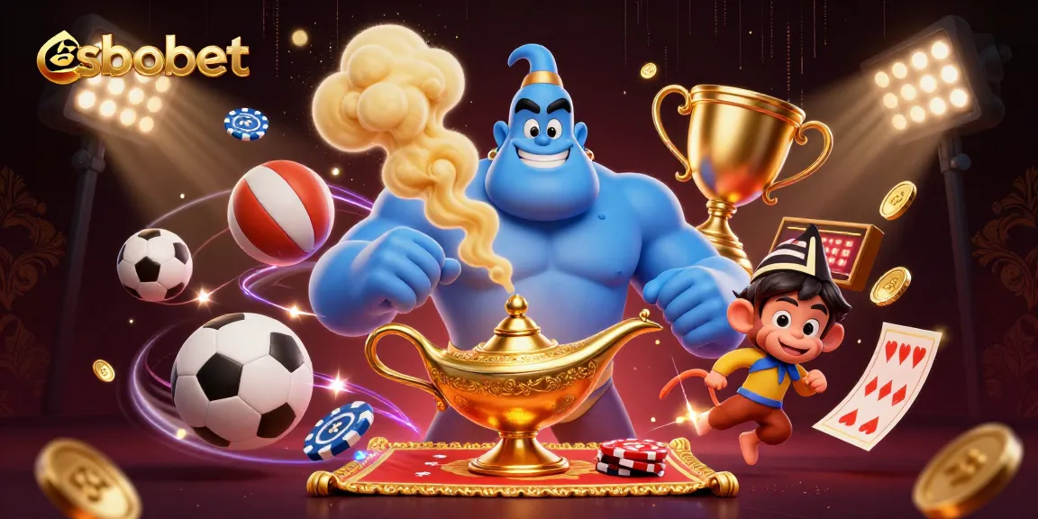sbobet sports betting scene featuring a blue genie, monkey, and dynamic elements