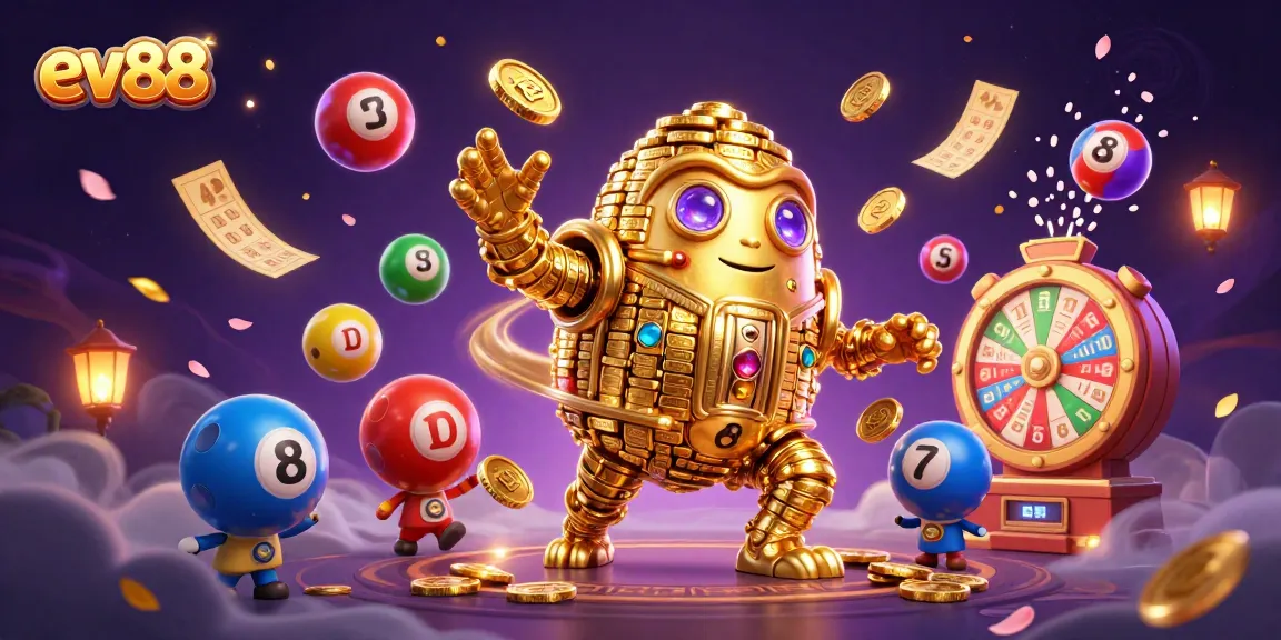Play and win big with ev88, featuring a golden golem and vibrant lottery elements.