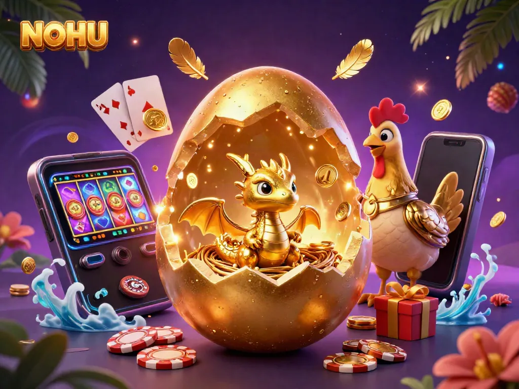 NOHU reveals golden dragon on poker chips with vibrant slot game elements surrounding it.