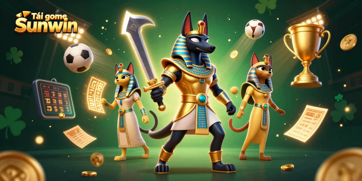 Tải game Sunwin with Anubis and Bastet amidst vibrant casino elements and sports action.