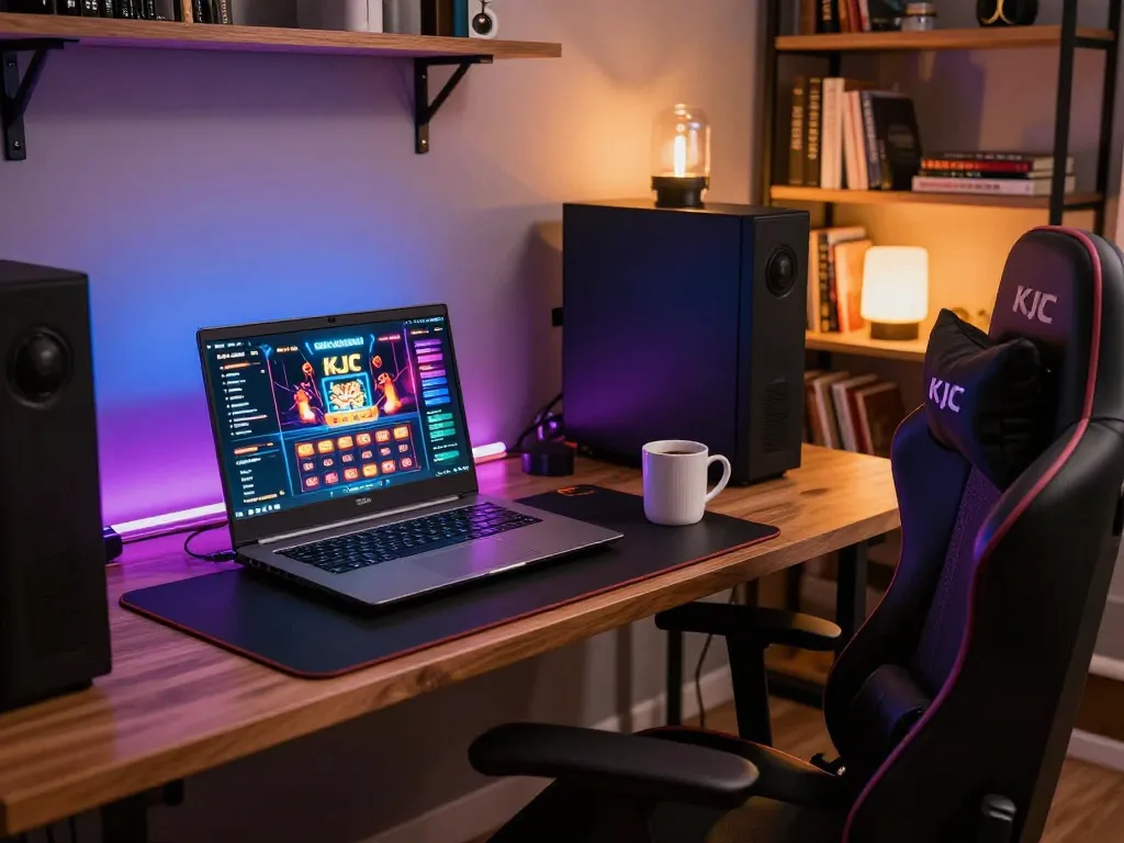 KJC players strategically engaging in an online casino game displayed on a sleek gaming laptop.