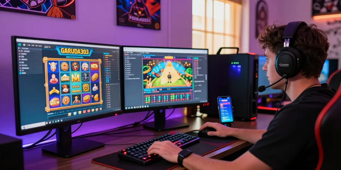 Gamer engaged with GARUDA303 slot game, showcasing excitement in vibrant gaming setup.