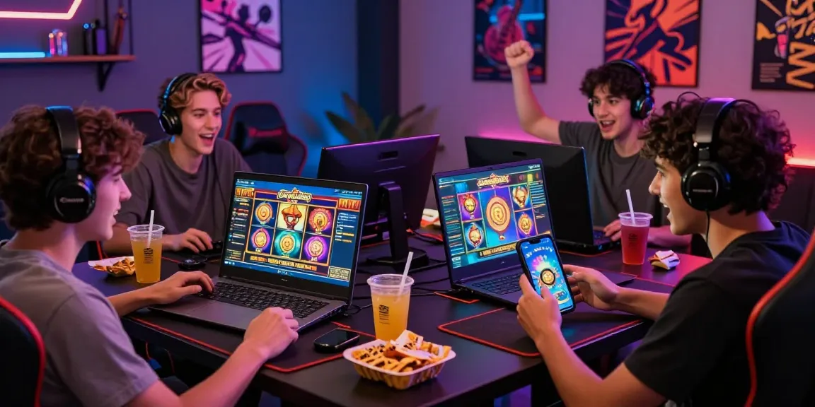 Players engaged in garuda303 slot games on multiple devices in a vibrant gaming atmosphere.