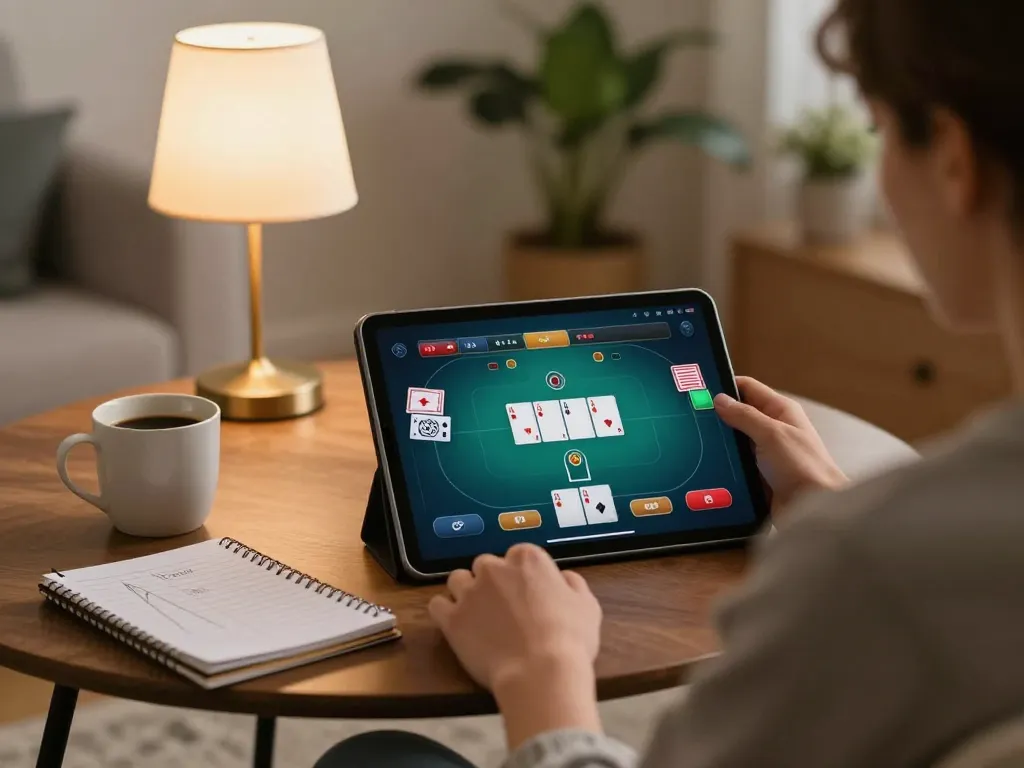 Engaging online game session at home with bj886 poker interface on tablet, showcasing strategic play.