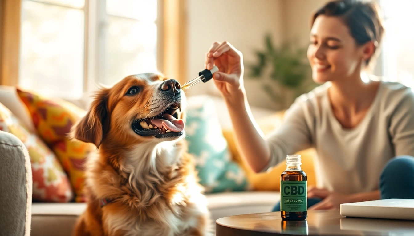 Happy dog receiving CBD For Pet oil, showcasing a relaxed atmosphere in a bright living room.