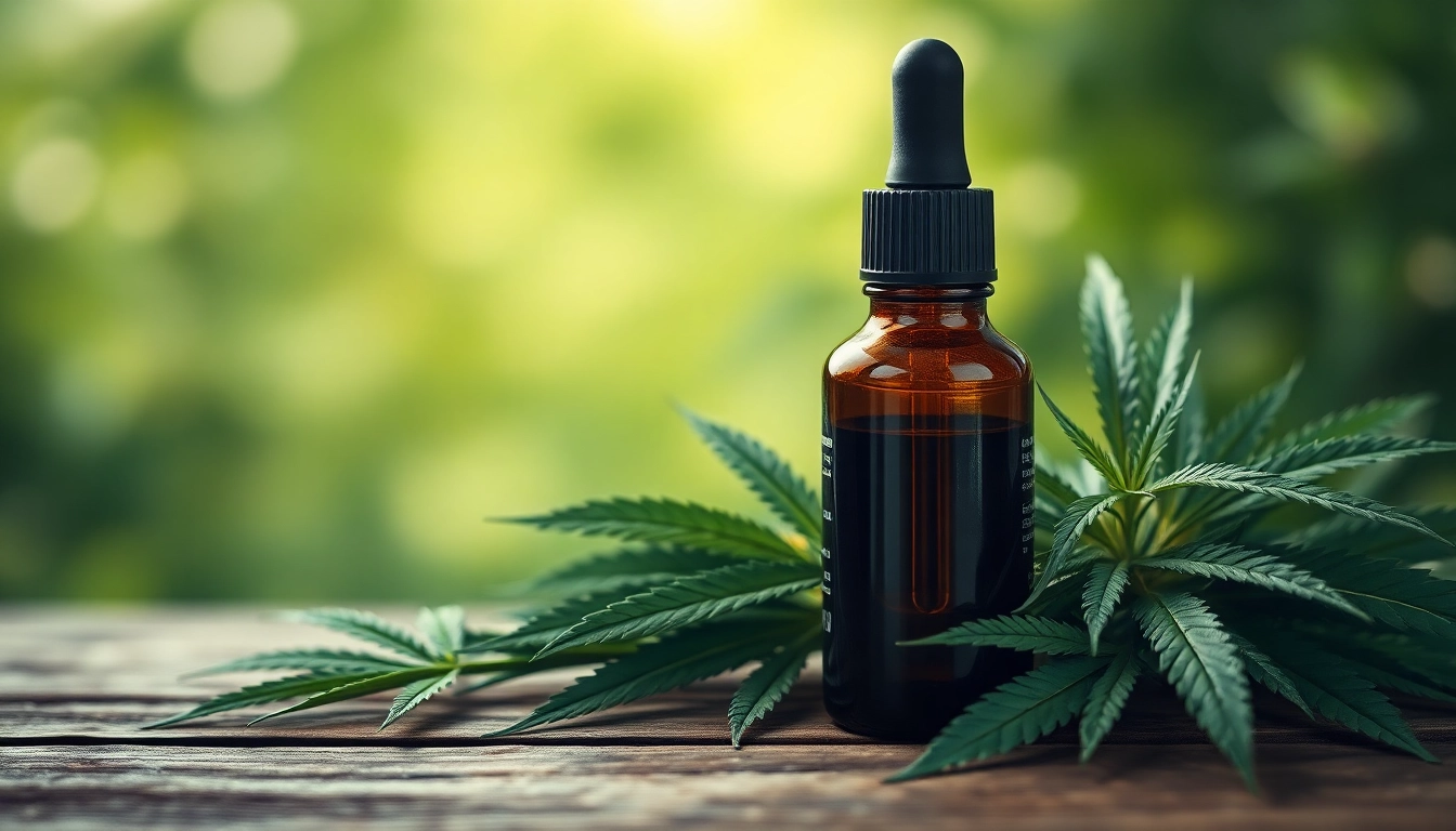 Showcase CBD oil bottle with hemp leaves, promoting health and wellness
