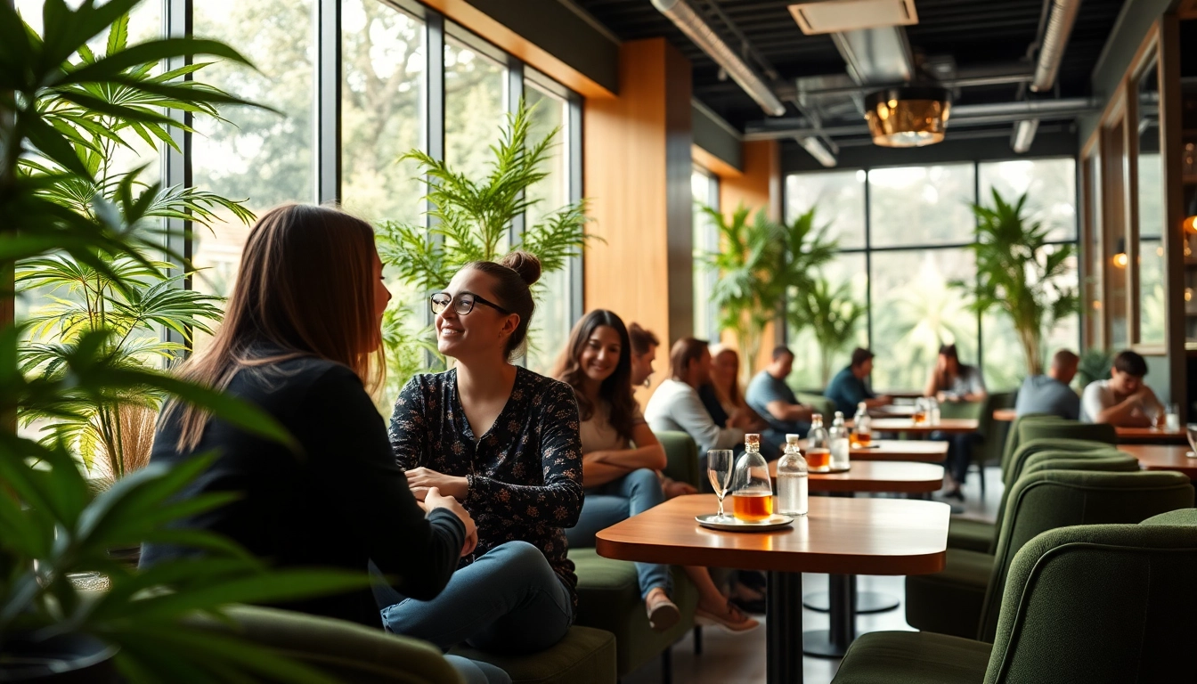 Experience the vibrant community atmosphere of a cannabis club madrid, featuring cozy seating and natural lighting.