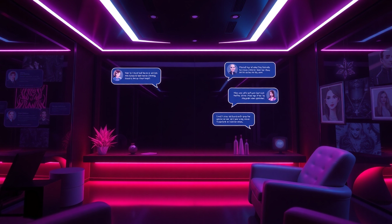 Engaging scene of an immersive ai porn chat with futuristic UI and animated avatars.