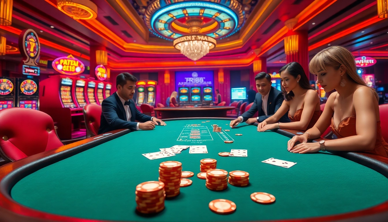 Poker players engaged in high-stakes action at a luxurious casino table with RR88 branding.