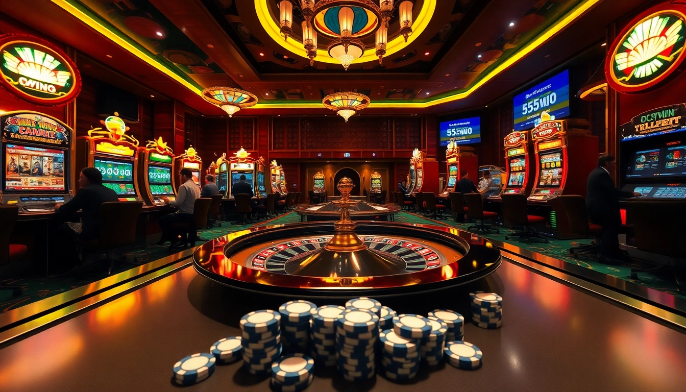 Engaging casino scene showcasing players at 555win, with vibrant slot machines and a roulette table.