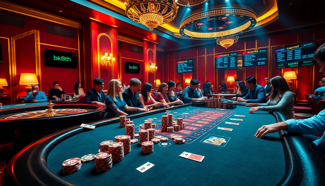 Playing poker at BK8th casino with vibrant chips and cards, showcasing excitement and luxury.