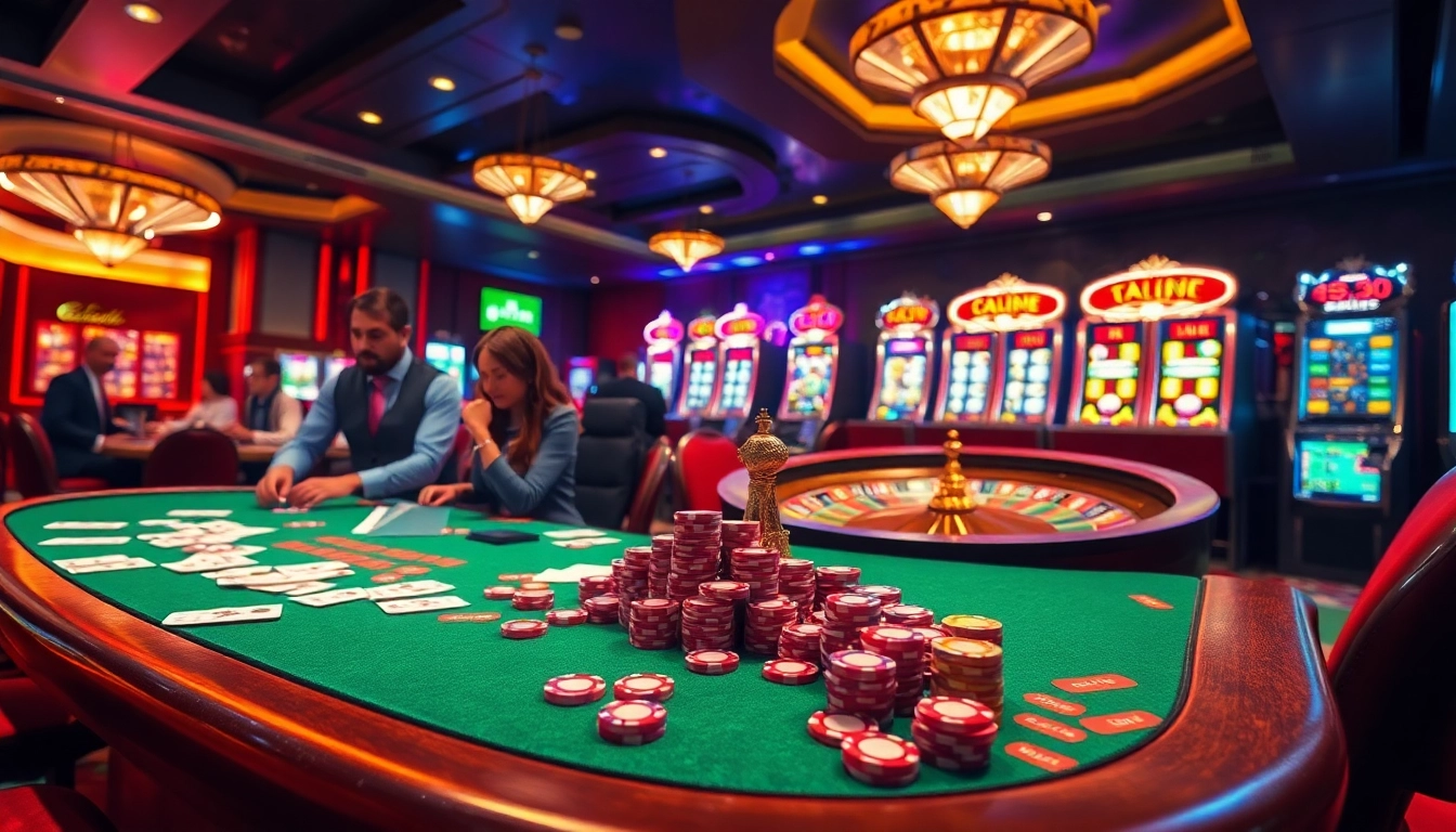 Exciting casino scene with poker players and roulette wheel at https://rr88co.net/ for immersive gambling experience.
