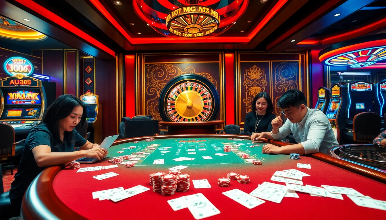 Exciting betting action at Nhà cái AU88, featuring a vibrant poker table and roulette wheel.
