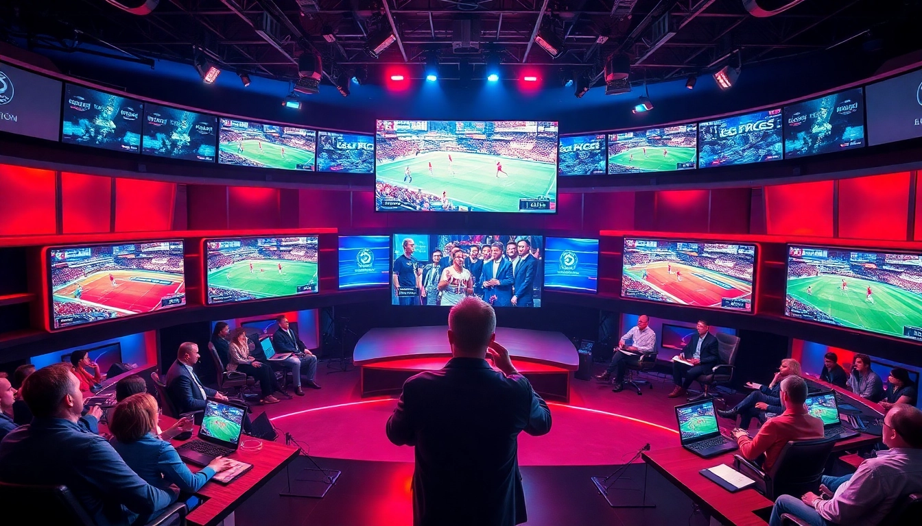 Covering Sports Broadcasting in a vibrant studio with hosts and live screens.