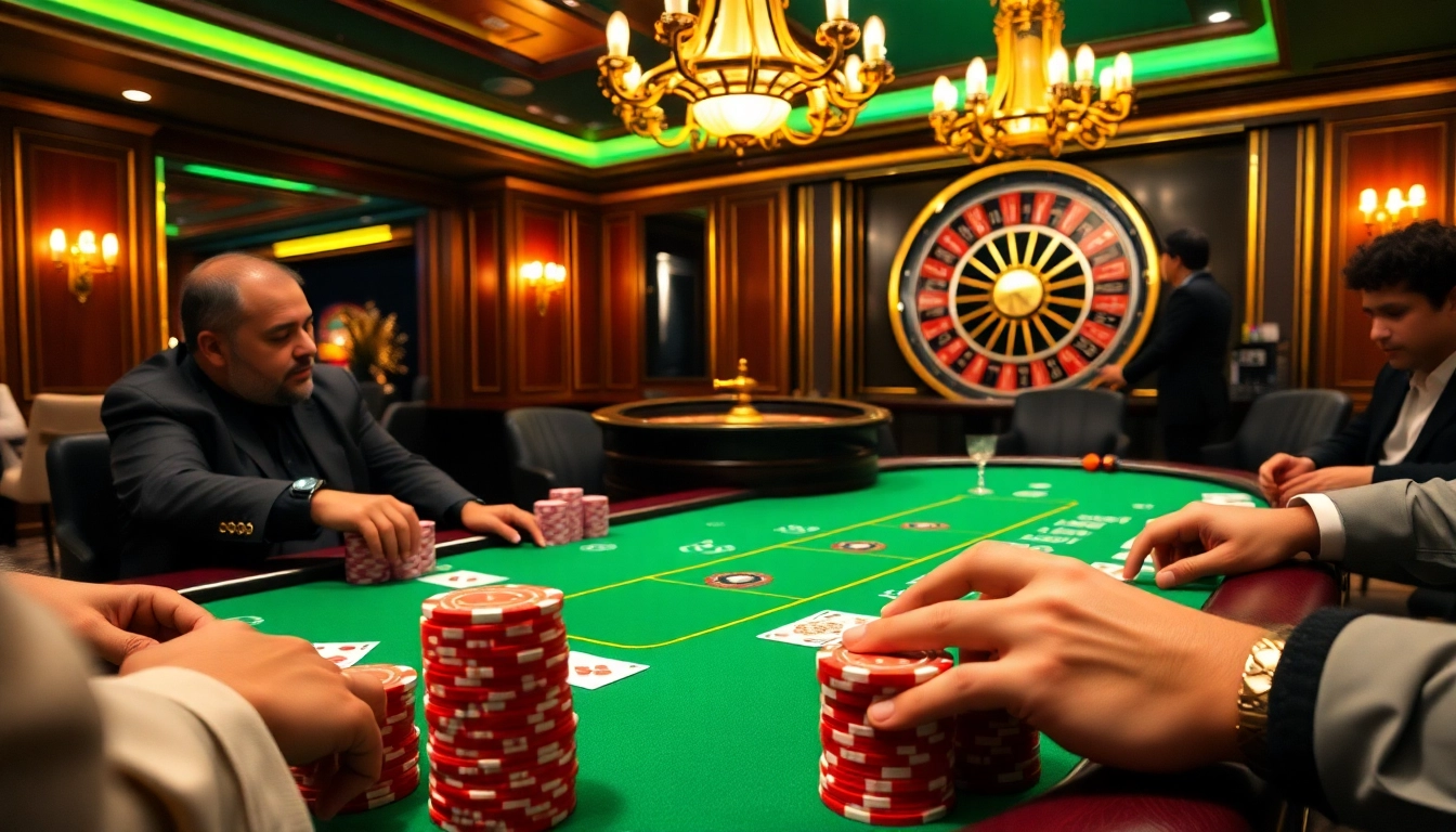 Experience the thrill of gambling at BK8 Thai, where players engage in intense poker games amidst a luxurious casino backdrop.