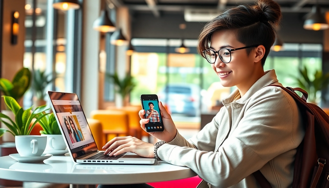 Search OnlyFans by photo with a stylish individual at a café, using a laptop and smartphone.