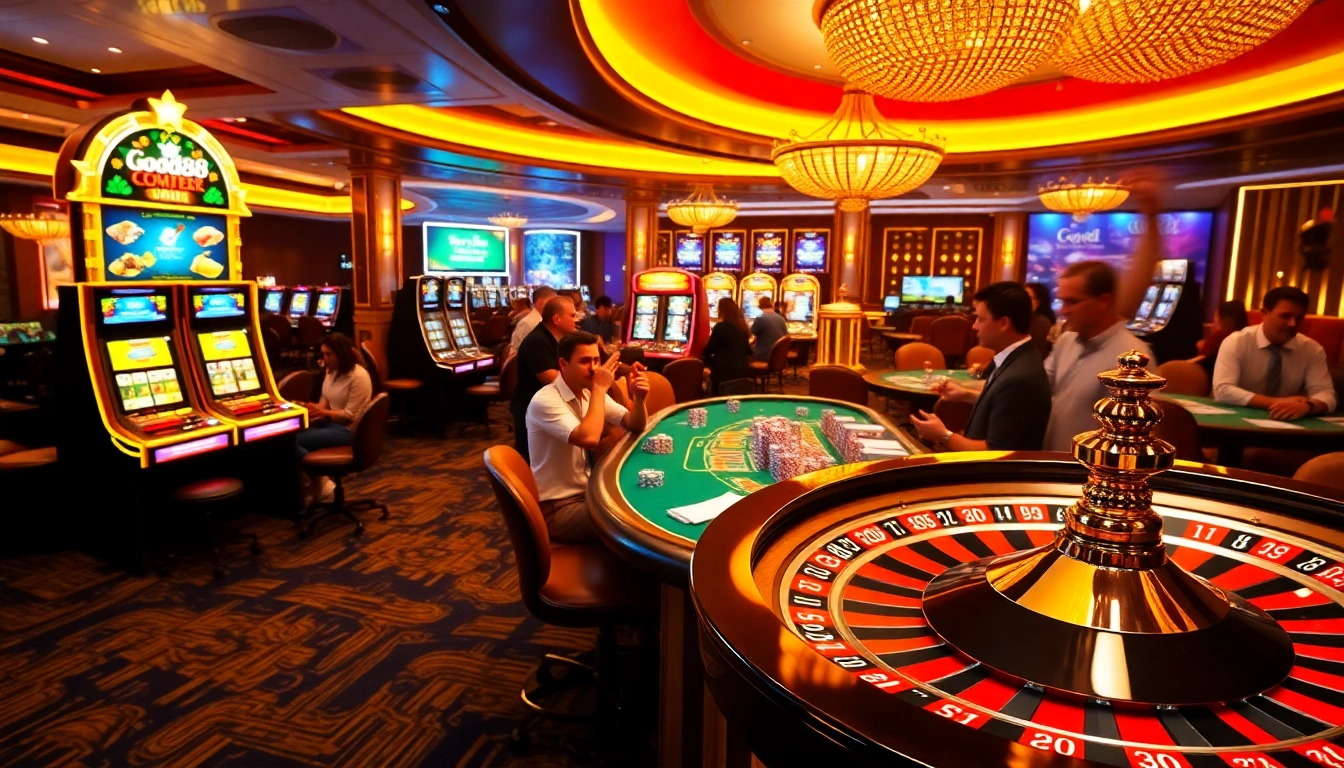 Exciting Good88 online gambling scene with players at casino tables and vibrant slot machines.