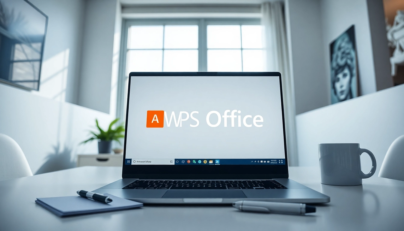 WPS Office 显示在现代工作空间的一台时尚笔记本电脑上。