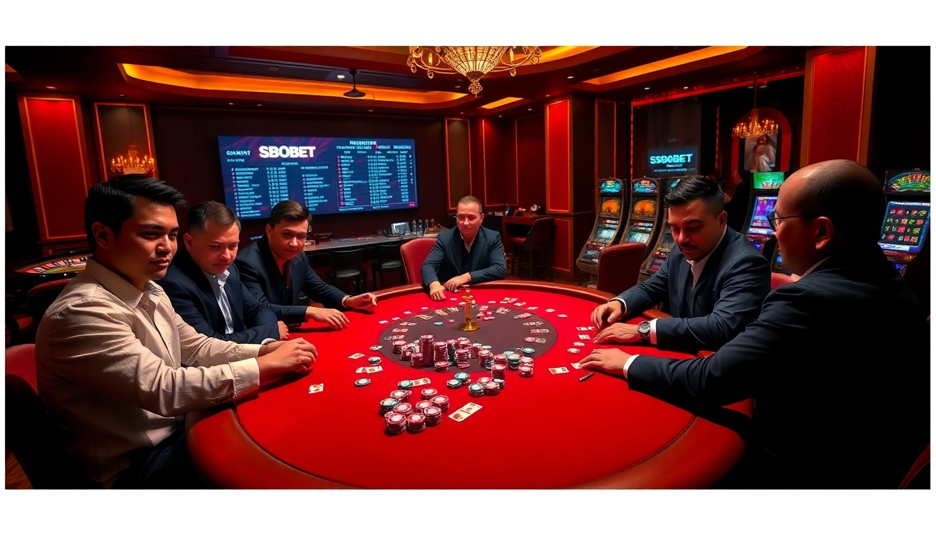 Experience sbobet's thrilling poker action with lively players at a luxury casino table.