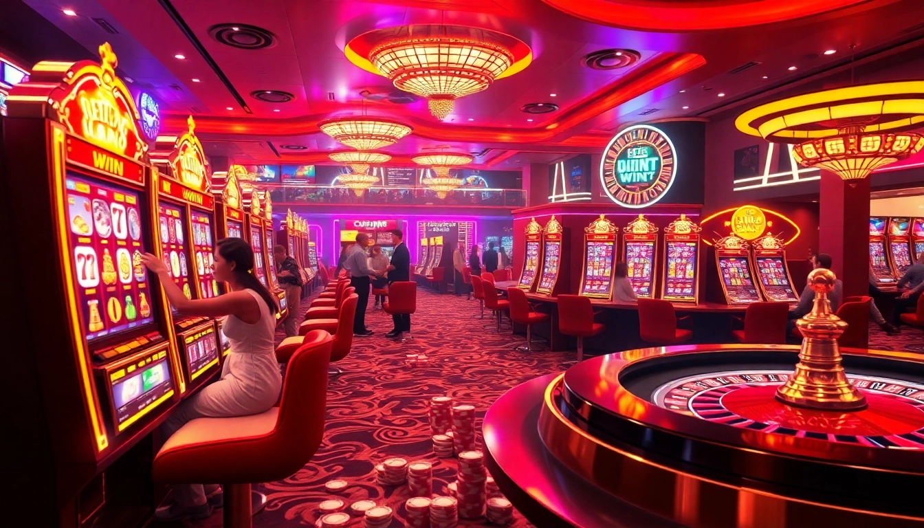 PEN4D login showcased with enthusiastic players enjoying luxurious slot machines in a vibrant casino atmosphere.