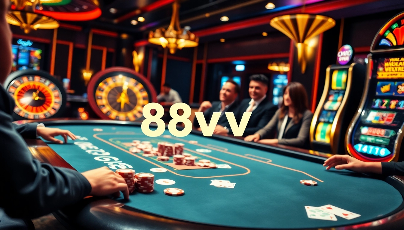 Players enjoying high-stakes poker at 88vv casino with vibrant game elements.