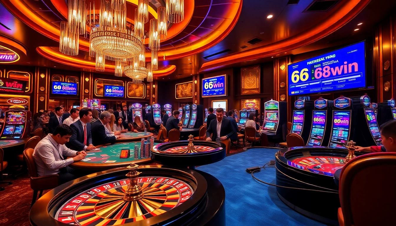 Players enjoying high-stakes games and vibrant slots at 68win's luxurious casino.