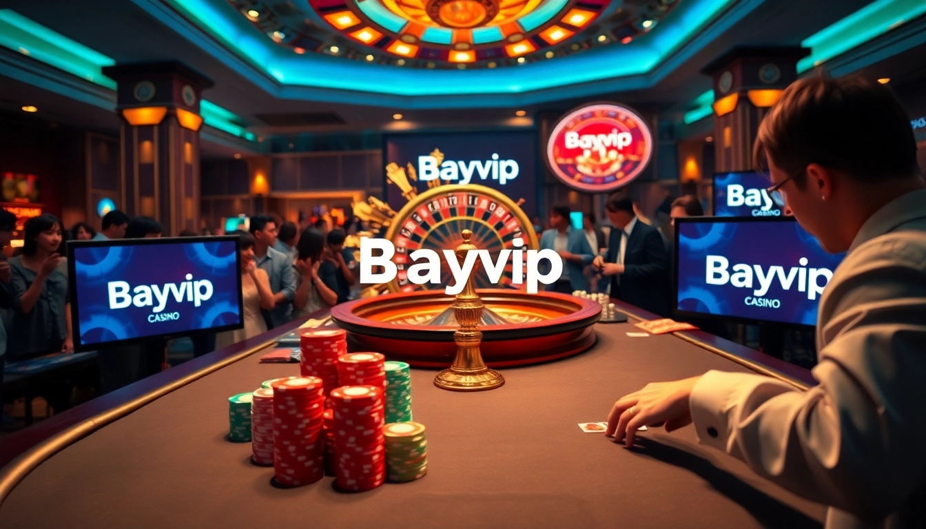Bayvip casino scene showcasing players at a lively blackjack table with stacked chips.